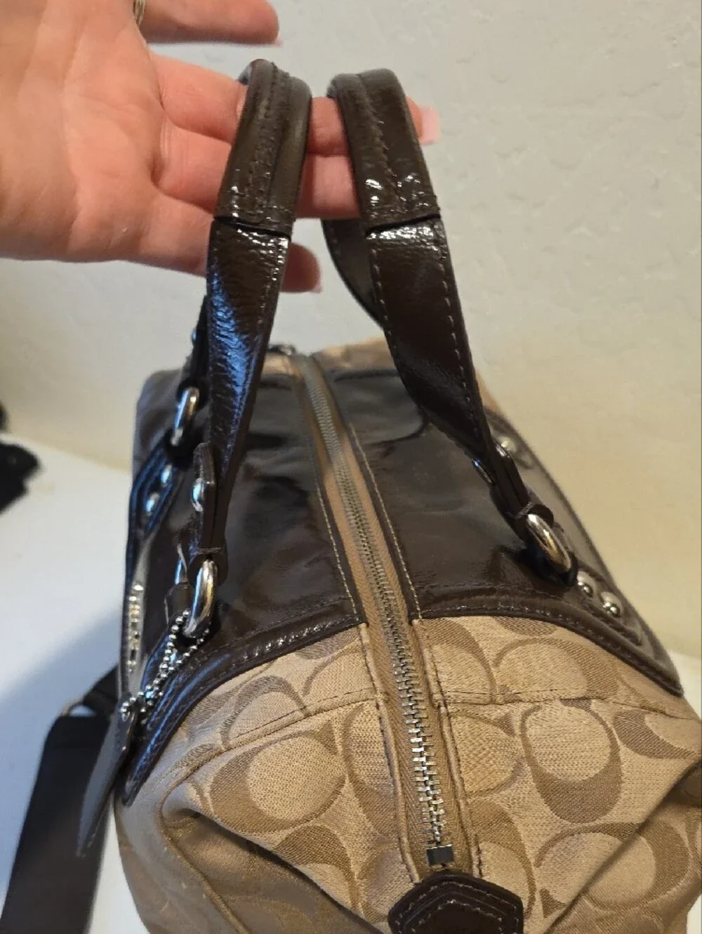 Coach Tan Signature Satchel with Dark Brown Patent Trim